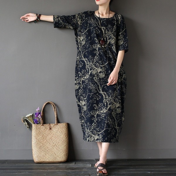 Chinese style Flower Print Plus size Women Dress Loose Casual Oversized Summer Dress Robe Femme Linen Cotton Long Dresses A002