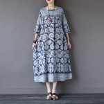 Chinese style Vintage print Women Long Dress O-neck Loose Casual Summer Dress Brand Design Linen Dresses Robe Longue Femme A064