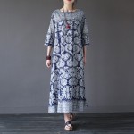 Chinese style Vintage print Women Long Dress O-neck Loose Casual Summer Dress Brand Design Linen Dresses Robe Longue Femme A064