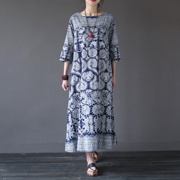 Chinese style Vintage print Women Long Dress O-neck Loose Casual Summer Dress Brand Design Linen Dresses Robe Longue Femme A064