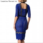 Chu Ni 2018 New 3XL Plus Size Blue Lace Patchwork Pencil Women Dress Autumn High Neck Half Sleeves Sexy Bodycon Dress M092