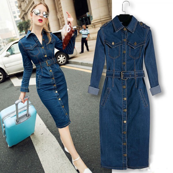 Chu Ni New 2017 Women Denim Dress Slim Jeans Dress One-piece Cowboy Dress With Belt For Women jeans Split dress 4XL N092