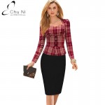 Chu Ni Women Plaid Patchwork Elegant Dress Vintage 3/4 Sleeve Work Office Wear Party Sheath Casual Pencil Dress N108