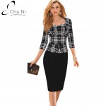 Chu Ni Women Plaid Patchwork Elegant Dress Vintage 3/4 Sleeve Work Office Wear Party Sheath Casual Pencil Dress N108