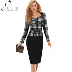 Chu Ni Women Plaid Patchwork Elegant Dress Vintage 3/4 Sleeve Work Office Wear Party Sheath Casual Pencil Dress N108