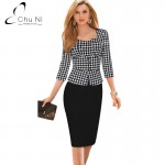 Chu Ni Women Plaid Patchwork Elegant Dress Vintage 3/4 Sleeve Work Office Wear Party Sheath Casual Pencil Dress N108