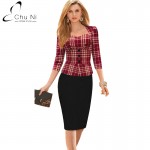 Chu Ni Women Plaid Patchwork Elegant Dress Vintage 3/4 Sleeve Work Office Wear Party Sheath Casual Pencil Dress N108