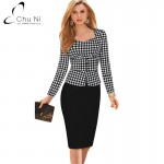 Chu Ni Women Plaid Patchwork Elegant Dress Vintage 3/4 Sleeve Work Office Wear Party Sheath Casual Pencil Dress N108