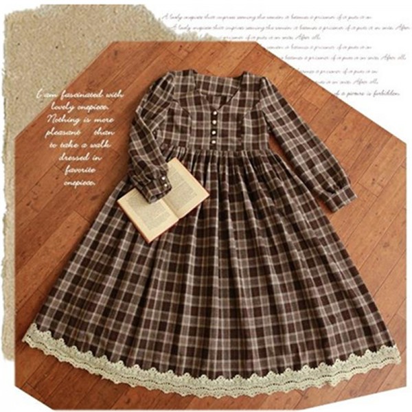 Classic Vintage Brown Plaid Long Dress Preppy British Mori Girl Style Lace Retro Dresses Women Fada Vestido Autumn Spring Winter