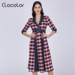 Clocolor Autumn Plaid Women Dress Half Sleeve Sexy V Neck Women Dresses Casual Patchwork Midi Dress Fashion Party Female Dress