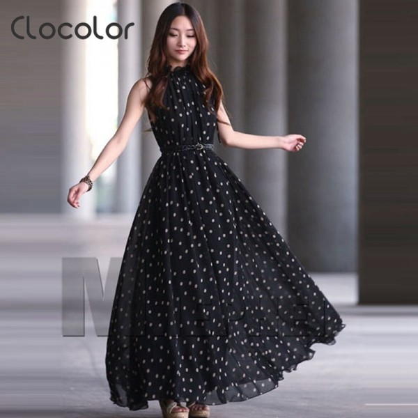 Clocolor summer beach dress Women's Polka Dots Maxi Long Casual Summer Beach  Chiffon Dress long dress summer beach dress