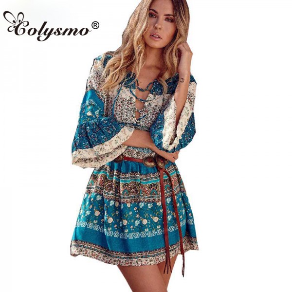 Colysmo Women Beach Dress Bohemian Summer Dress Boho Flare Half Sleeve V Neck Lace Up Floral Dress Casual Mini Dresses Sundress