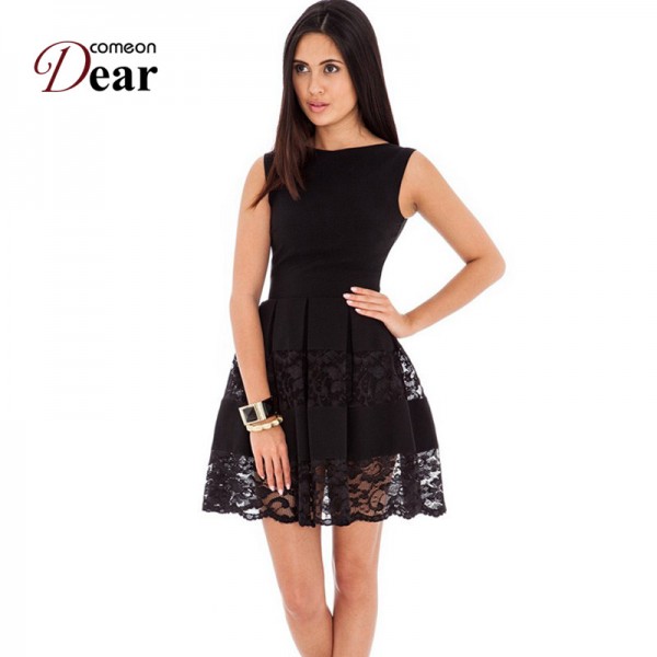 Comeondear Fit And flare Skater Dress Round Neck Sleeveless Lace Insert Cute Short Dress RJ80049 Zip Plus Size Sweet Black Dress