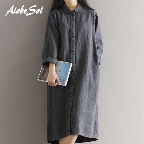 Cotton Linen Dress 2017 Spring Autumn Women Stusentds Preppy Solid Loose Long Sleeve Long Shirt Dress Mori Girl Vestidos XXL