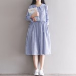 Cotton Linen Dress Autumn Winter Women Students Preppy Style Striped Office Peter Pan Collar Midi Dress Mori Girl Style Vestidos