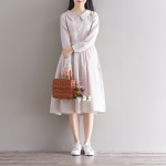 Cotton Linen Dress Autumn Winter Women Students Preppy Style Striped Office Peter Pan Collar Midi Dress Mori Girl Style Vestidos