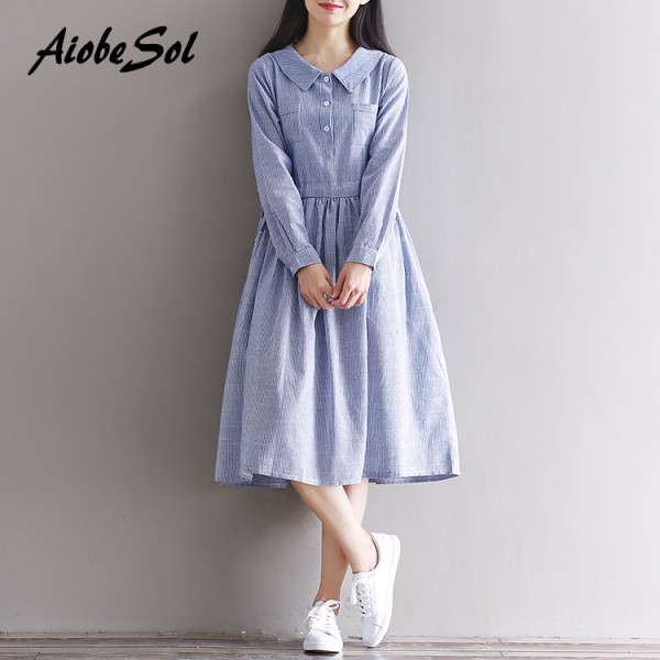 Cotton Linen Dress Autumn Winter Women Students Preppy Style Striped Office Peter Pan Collar Midi Dress Mori Girl Style Vestidos