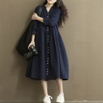 Cotton Linen White Color Women Dress 2017 Spring New  Long Sleeve Stand Neck Loose Plus Size Bat Sleeve Irregular Dress