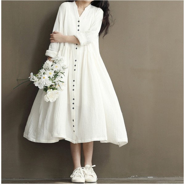 Cotton Linen White Color Women Dress 2017 Spring New  Long Sleeve Stand Neck Loose Plus Size Bat Sleeve Irregular Dress