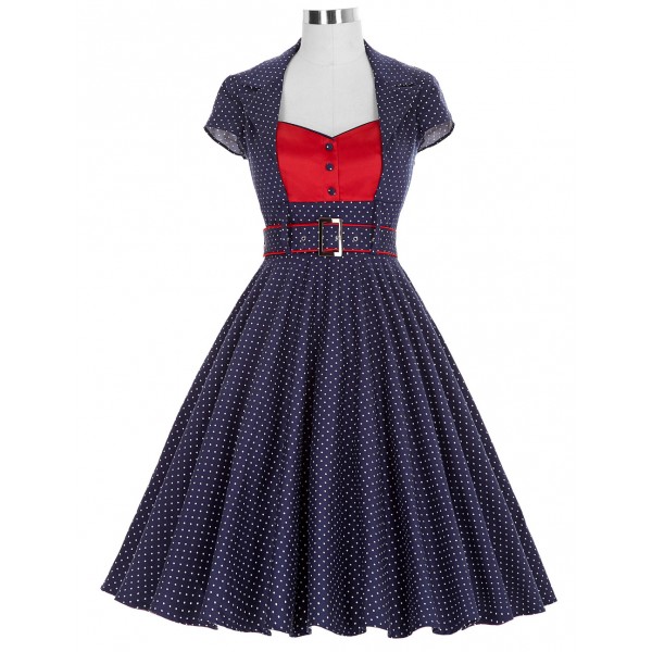 Cotton Polka Dot dresses 2016 Summer women Lapel Collar short sleeve vinatge rockabilly housewife pin up dress with belt 50s