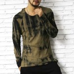 Cotton long sleeve t shirt men 2016 new Dark green tie-dye Stylish Frazzle TeeTops Slim Fit O-neck T-shirt Casual brand clothing