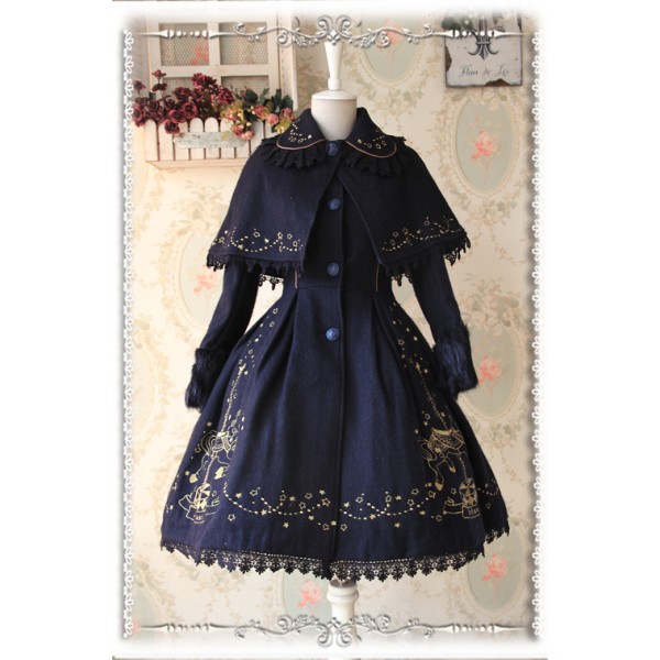 Custom Tailored Infanta Faux Fur Cuff Long Sleeve Fit and Flare Embroidered Wool Lolita Coat with Cape for Girl Three Colors