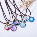 Cute Cartoon character Jewelry Glass Cabochon  Brown Leather Chain Necklace Pendants Fashion Collares Women Girl Children Gift