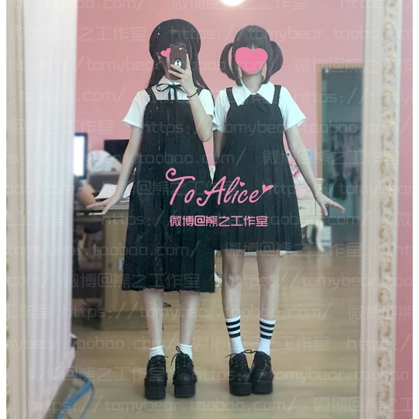 Cute Girls Preppy Style Japanese Uniform JK Long Pleated Dress Sleeveless Tank Round Collar Black Dress 2 Length Style