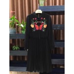 Cute! New 2017 spring summer butterfly embroidery beading bee women pleated dress long sleeve peter pan collar dresses black red