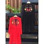 Cute! New 2017 spring summer butterfly embroidery beading bee women pleated dress long sleeve peter pan collar dresses black red