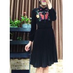 Cute! New 2017 spring summer butterfly embroidery beading bee women pleated dress long sleeve peter pan collar dresses black red