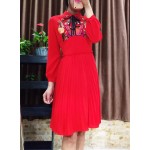 Cute! New 2017 spring summer butterfly embroidery beading bee women pleated dress long sleeve peter pan collar dresses black red