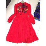 Cute! New 2017 spring summer butterfly embroidery beading bee women pleated dress long sleeve peter pan collar dresses black red