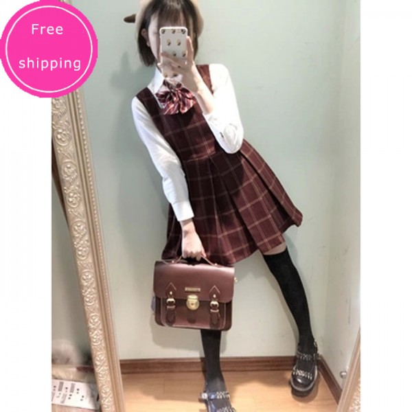 Cute Women's Japanese Preppy Style Sleeveless Tank Dress Plaid Checks Winter Lolita Dress Dark Red&Dark Blue