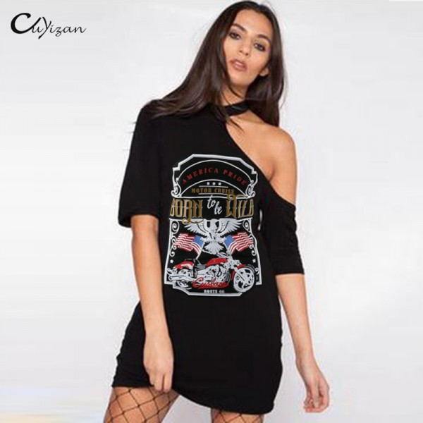 Cuyizan Sexy Punk T Shirt Dress Women Prints Hollow Out Summer Dress Loose Tunic Dresses Casual Long Tops Sundress Vestidos