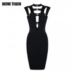 DEIVE TEGER Fashion Midi Bodycon Hollow Out Button Bandage Women Knee-Length Dress Vestidos HL2161