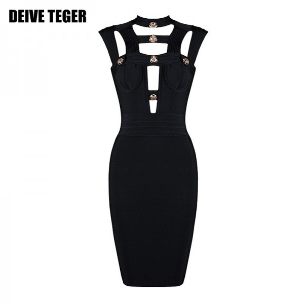 DEIVE TEGER Fashion Midi Bodycon Hollow Out Button Bandage Women Knee-Length Dress Vestidos HL2161