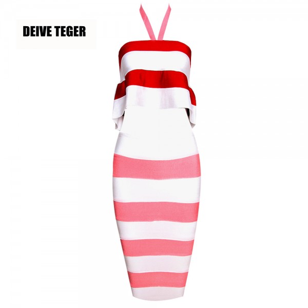 DEIVE TEGER Hot Sale New Arrival Two Piece Set Sleeveless Striped Bandage Colorful Causal Vestidos Dress HL1709