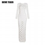 DEIVE TEGER Sexy  Newest Hot Miranda Kerr Long Sleeve Plaid Hollow Out Bandage Vestidos Women Floor-Length Dress HL2176