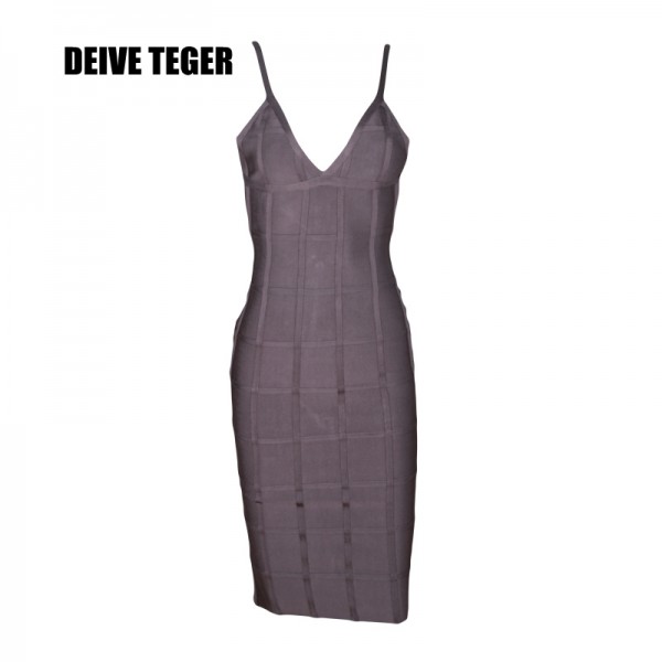 DEIVE TEGER gray women bandage dress V-Neck pencil lady backless Party solid Dresses knee-length  HL1853