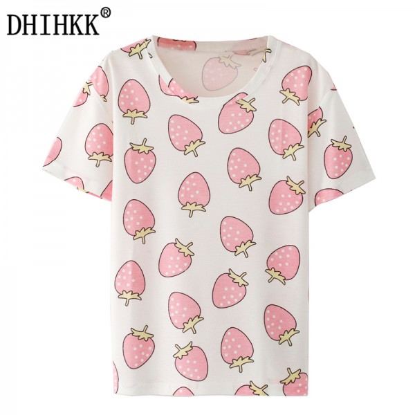 DHIHKK 2017 New Women T shirt Fruit strawberry print O-neck Casual Womens Short Sleeve T-shirt Tee Tops Female Tshirt 