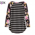 DIDK Autumn Woman Casual Tee Shirt Ladies Round Neck Long Sleeve Black Striped Floral Print Contrast Raglan Sleeve T-shirt