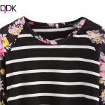 DIDK Autumn Woman Casual Tee Shirt Ladies Round Neck Long Sleeve Black Striped Floral Print Contrast Raglan Sleeve T-shirt