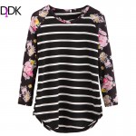 DIDK Autumn Woman Casual Tee Shirt Ladies Round Neck Long Sleeve Black Striped Floral Print Contrast Raglan Sleeve T-shirt