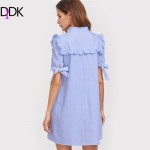 DIDK Women Summer Dress Ladies Short Sleeve Shift Dress Blue Striped Ruffle Trim Tie Sleeve Embroidered Shirt Dress