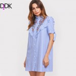 DIDK Women Summer Dress Ladies Short Sleeve Shift Dress Blue Striped Ruffle Trim Tie Sleeve Embroidered Shirt Dress