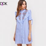 DIDK Women Summer Dress Ladies Short Sleeve Shift Dress Blue Striped Ruffle Trim Tie Sleeve Embroidered Shirt Dress