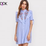 DIDK Women Summer Dress Ladies Short Sleeve Shift Dress Blue Striped Ruffle Trim Tie Sleeve Embroidered Shirt Dress