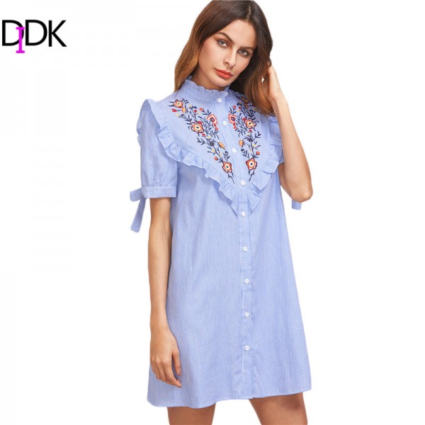 DIDK Women Summer Dress Ladies Short Sleeve Shift Dress Blue Striped Ruffle Trim Tie Sleeve Embroidered Shirt Dress