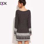 DIDK Womens Clothing Women Fall Dresses 2016 Ladies Shift Dress Vintage Print Crisscross V Neck Long Sleeve Tunic Dress